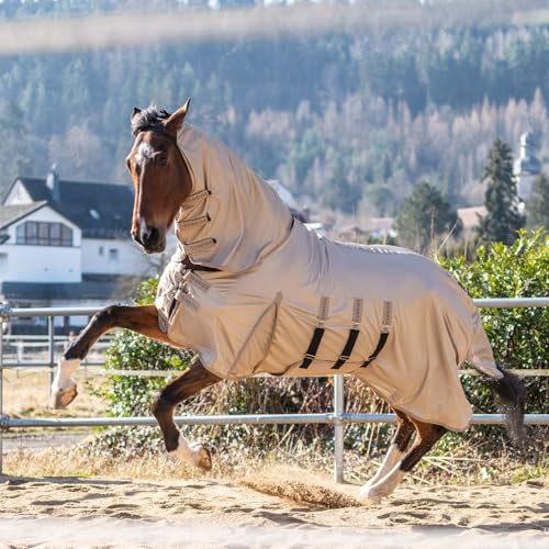 SUNRIDE Fliegendecke für Pferde (Kuba) - mit festem Halsteil - Gehfalte - Schutz für empfindliche Brust - elastische Einsätze - mit UV-Schutz - Bauchlatz und Beingurte verstellbar - braun (145 cm)
