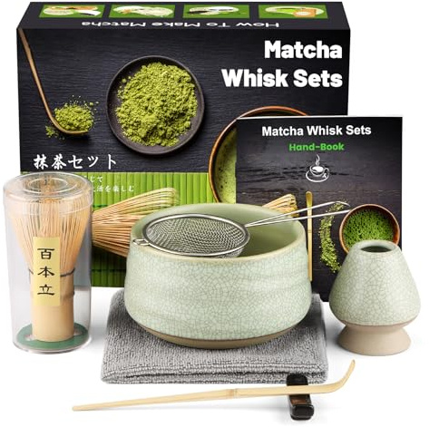 Matcha Broom, set da 7 pezzi da tè con cucchiaio da matcha, supporto per whisk, scopa matcha, shovel, cottura accessori tradizionali giapponesi, set da tè matcha, verde