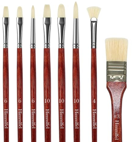 Himmlfel Oil Paint Brush,6 Natural Chungking Hog Bristle Paintbrush for Oil Acrylic Gouache Painting,Include Round, Filbert,Flat,Fan,Wide Flat Shape Brush Ideal for Beginner & Artists (8, Small)