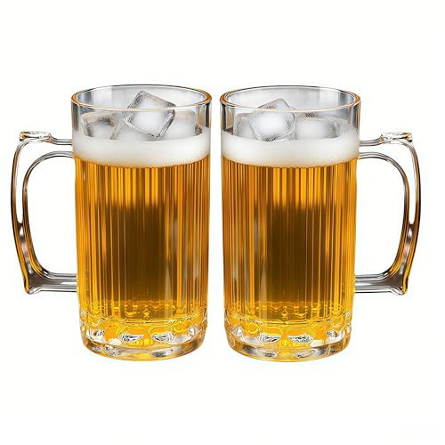 Komost 23oz Plastic Beer Mugs with Handle Set of 2, Reusable Clear Beer Stein Drinking Cups for Party Bar Home Hotel, Perfect for Cocktail Juice Beverages