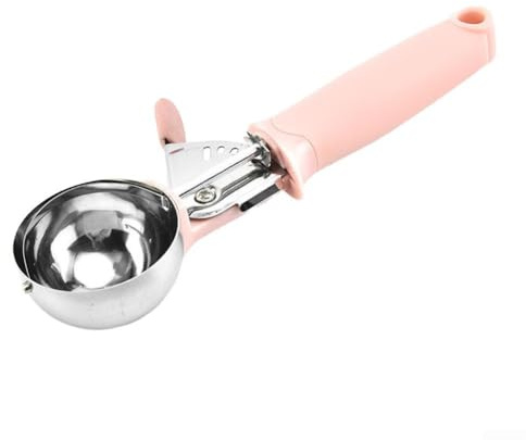 Cuchara de helado de acero inoxidable diseñada para un control suave de las porciones de helado, frutas, galletas y masa, con mango cómodo y acabado apto para lavavajillas (rosa)