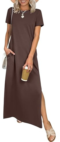 ANRABESS Womens Summer Casual Maxi Dress Short Sleeve Crewneck Split Wrinkle-Free Travel Long Sundress Beach Vacation Clothes Brown Large
