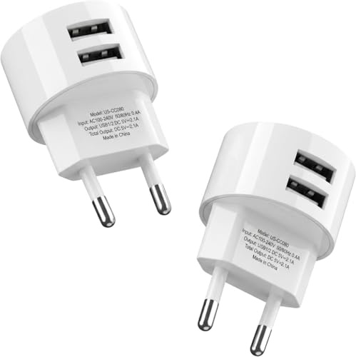 2 Piezas Doble Puerto Adaptador Enchufe USB 5V 2,1A Plano Compatible con Tomas y Alargadores Cargador Rápido para Smartphones Tabletas Reproductores eBooks y Dispositivos USB Múltiples Seguro