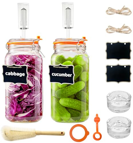 Milai Juego de 2 recipientes de 2L con válvula de fermentación y recipiente de vidrio, para la elaboración de chucrut, kimchi y pepinillos encurtidos Incluye abrazadera y tapa de válvula (Set de 2)