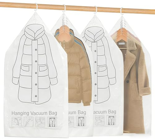 4 Pezzi Hanging Vacuum Bags, Vacuum Storage Bags Salvaspazio, Sacchetti Sottovuoto Vestiti da Appendere, con Ganci, per Abiti, Completi, Cappotti, Giacche(110 * 70 cm)