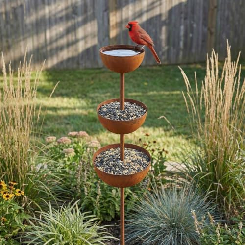 Bain d'oiseaux en métal pour l'extérieur, bain d'oiseaux rustique à 3 niveaux avec piquet, mangeoire et abreuvoir pour petits animaux, bol pour décoration de jardin, cour, pelouse