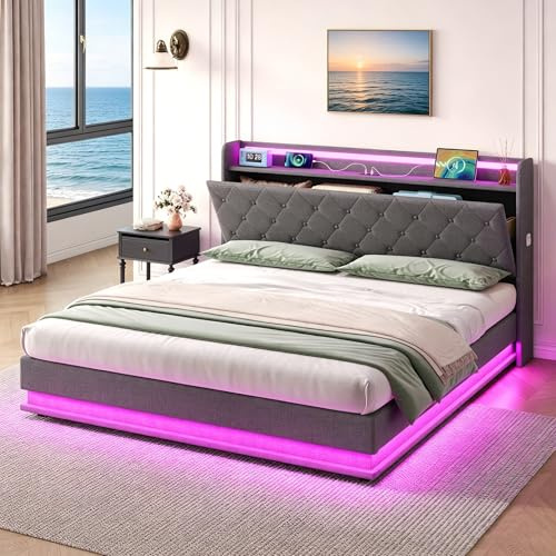 King Size Ottoman Bed Frame with LED Lighting & Charging Station & Concealed Storage Headboard, 5ft Upholstered Platform Bed Frame Hydraulic Gas Lift Up Fabric Storage Bed with Slats,Grey,No Mattress