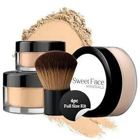 4pc Full Size Kit (Warm Shade) Mineral Makeup Matte Translucent Loose Foundation + Kabuki Brush + Concealer + Finishing Setting Powder + Bare Face Full Coverage SPF 30 All Skin Types Waterproof