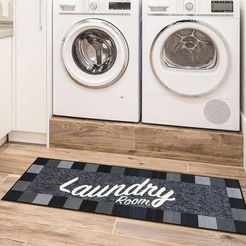 Ottomanson Laundry Collection Checkered Border Rubberback Runner Rug, 50 cm x 150 cm, Black