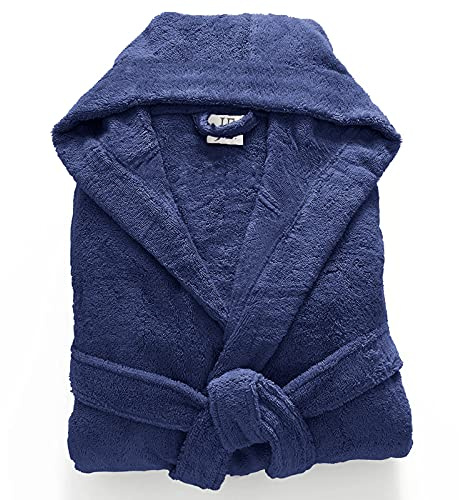 Jasmin Elinor Mens Ladies Unisex Egyptian Cotton Terry Towelling Hooded Bathrobe Dressing Gown (Large, Navy)