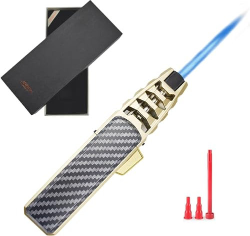 DOUBFIVSY Encendedor de Gas Antorcha, Mechero Soplete Recargable a Butano con Cerradura de Seguridad y Llama Ajustable, a Prueba de Viento Encendedor de Palo para Velas, Cocina, Camping,Regalo(Dorado)