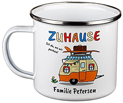 Geschenke 24 Emaille Tasse Camping Personalisiert - Zuhause Ist (Wohnwagen): Outdoor Emailletasse Mit Spruch, Lustig - Geburtstagsgeschenk, Vatertagsgeschenk, Partner Geschenke