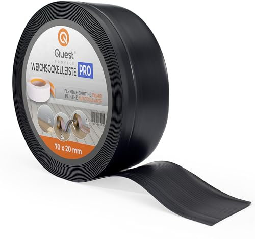 Quest Mjuk Golvlist, Mjuk Sockellist utan tejp – 70 mm x 20 mm – avslutningslist, bred böjbar list – för väggar, golv – PVC, flexibel, vattentät, dekorativ. (Svart, 25m)