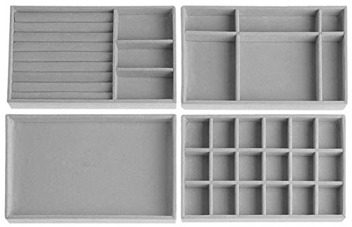 Duscdesp 4 contenitori per gioielli, cassetti, portagioie in velluto, impilabili, per gioielli, orecchini, bracciali, anelli (grigio)