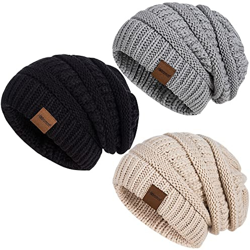 Hatromm Slouchy Women's Winter 3 Pieces Beanie Hat Women Men Oversized Warm Knitted Women's Hat Winter Thick for Cold Weather, Black/Oatmeal/Dark Grey, One Size