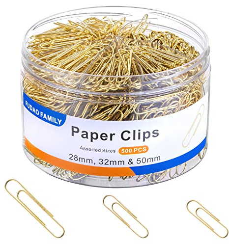 FUDAO FAMILY Assorted Sizes Paper Clips, 500 PCS - Gold, Small, Medium, Large