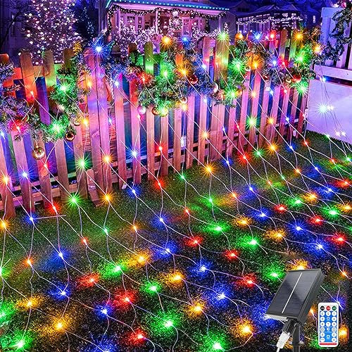 Acxilexy 198 LED Solar Net Lights Outdoor, 6.6 Ft x 9.8 Ft Mesh Fairy Lights with 8 Modes, Remote Control Mesh Fairy Lights, Waterproof Fairy Net Lights for Xmas Tree Lawn Bushes Fence Wall