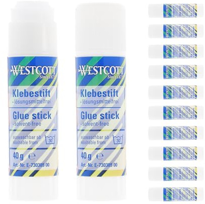 Westcott Colla stick da 40 g (12 pezzi) | Confezione da 12 adesivi per bricolage con strisce adesive trasparenti da 2,5 cm | Aderisce forte e durevole | 100% senza solventi | Lavabile al 30% |