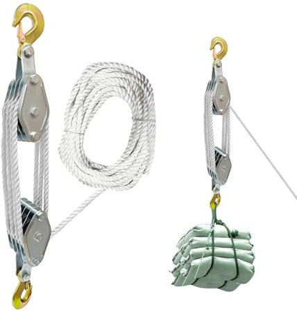 Roadtime Rope Pulley Hoist with Metal Bearing 4400 LB, 8:1 Pulley Block and Tackle System, Loading Capacity, 65ft Heavy Duty Rope Hoist for Hunting Garage Warehouse Constructions