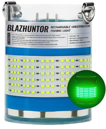 BLAZHUNTOR Rechargeable Underwater Fishing Light,Auto On in Water,Green 4000lm Super Bright, IP68 Waterproof, No External Power Needed,Cordless,Night Fishing Light, Portable Dock Lake Fish Lamp