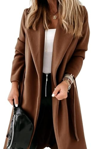 Cicy Bell Womens Classic Notched Lapel Collar Coat Open Front Belted Long Jacket,coffee,L