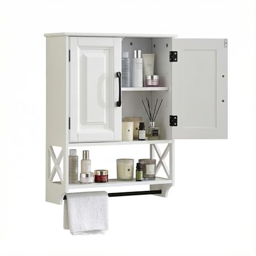 EFURDEN Badezimmerspind, Hängeschrank mit Handtuchstange, 2-Türiger Badschrank mit 3 Höhenverstellbaren Böden, Platzsparender Wandschrank für WC, Bad & Hauswirtschaftsraum, Weiß 49x18x63.5 cm
