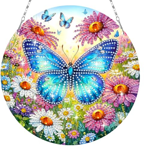 Bowetile Diamond Painting Ciondolo Fiori Farfalla Diamond Painting Immagine per Finestra Adulti Bambini Ornamento da Appendere Motivo Fai da Te per Parete Fenzer Giardino Decorazione Regalo