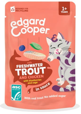 Edgard & Cooper Fuktig kattmat i påse, öring och kyckling i sås (12 x 85 g), spannmålsfritt recept, med äkta öring och kyckling och naturliga ingredienser, inget tillsatt socker, för steriliserade