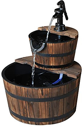 Outsunny Wooden Water Pump Fountain Cascading Feature Barrel Garden Deck (2 Tier)