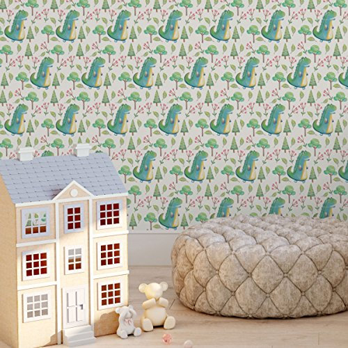 lustige Kinder Tapete mit kleinen Drachen im Zauberwald auf beige angepasst an Farrow and Ball Farben- Vlies Tapete Figuren - Kinderzimmer GMM Design Wandtapete (H 3m B 46,5cm)