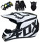 Motorradhelm - JMY-01 Motocross Helm Set - Dirt Bike Fullface Offroad Motorrad Helm mit Schutzbrille Geeignet für Kinder von 5 Bis 14 Jahren mit Fox Design - Schwarz-Weiss - S/M/L/XL,XL