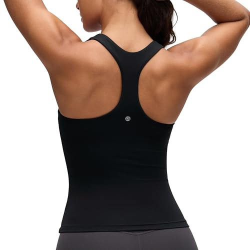 CRZ YOGA Butterluxe Workout Tank Tops for Women Built in Bras Padded - Racerback Athletic Spandex Yoga Camisole Black Small