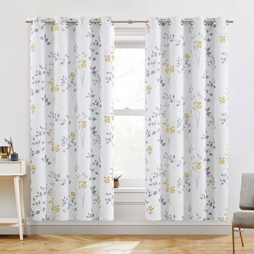 Beauoop Yellow Grey Floral Blackout Curtains for Bedroom Living Room 72 Inch Drop Leaf Print Eyelet Curtain Botanical Thermal Insulated Noise Reducing Drapes Window Treatment Sets 2 Panels