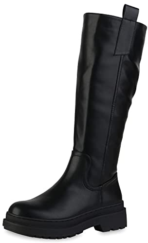 VAN HILL Damen Leicht Gefütterte Klassische Stiefel Blockabsatz Schuhe Profilsohle Schuhe Plateau Vorne Freizeitstiefel 208139 Schwarz 41