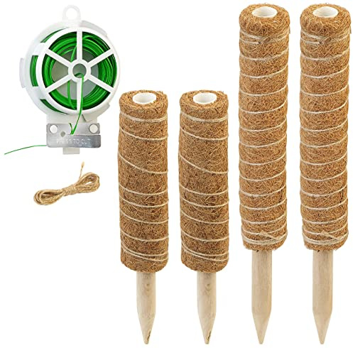 Royal Gardineer Pflanzenpfähle: 4er-Set Rankhilfen aus Kokosfaser & Holz, 2x40 cm, 2x30 cm, Juteschnur (Rankhilfen Zimmerpflanzen, Kletterpflanzen-Stütze, Wein)
