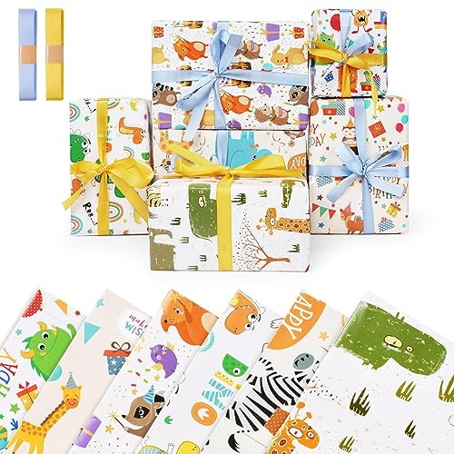 OFFCUP 6 hojas 50x70cm papel de embalaje con 2 fajos de cintas, papel de regalo infantil, set de papel de cumpleaños reciclable, papel de regalo, cumpleaños, colorido(pequeños animales)