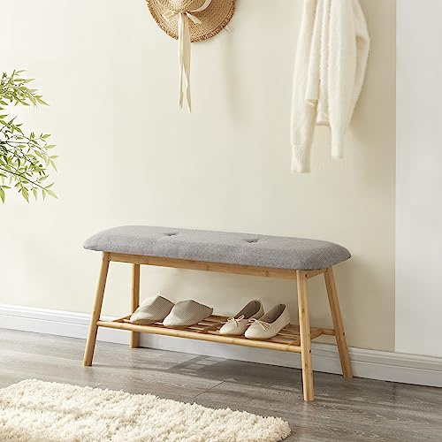 [en.casa] Panca Scarpiera Panchina Portascarpe con Seduta Imbottita color Grigio e Ripiano a Griglia per 3 Paia di Scarpe Struttura in Bambù color Naturale