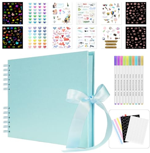 Bemece Scrapbook Photo Albums, 12 x 8 Inches Scrap Book With 80 Pages-Blue | Durable Thickened Kraft Cardboard, DIY Photo Album, 360° Lay-Flat Ring Binder, For Wedding,Anniversary,Birthday,Travel,Baby