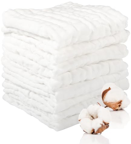 Lanjue 8 Pcs Muslin Cloths for Baby, 12x12 Inch Cotton Muslin Squares 6-layer Soft Thickening Fabric, Reusable Burp Cloth with High Absorbency for Baby Bibs, Mouth Wipes, Face Wash Cloths(White)