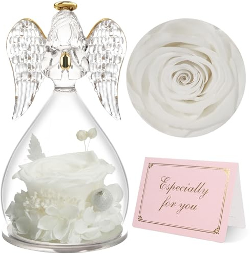 Yamonic Rose Eternelle Cadeau Femme, Fleur Eternelle Ange Gardien Cadeaux Maman,Ange Figurine Cadeau Anniversaire Femme Mamie,Ange Cadeau Noel Saint Valentin Fete des Meres,Vraie Rose