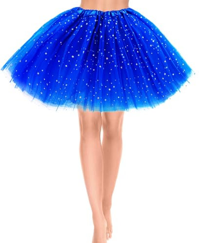 Tüllrock Damen Blau 3 Lagen Tüll Rock mit Pailletten Sternen Adult Teen Tütü Rock Damen Mädchen Retro 80er Party Halloween Karneval Party Kostüm