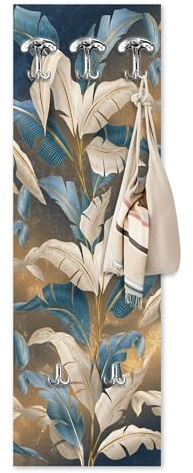 Lupia - Appendiabiti da Parete con Pannello Stampato, Design Tema Foglie LEAVES WHITE BLUE, 5 Ganci Robusti, Facile Montaggio, Adatto a Tutti gli Ambienti, Dimensioni 46x125 cm, Bordo Chiaro, Legno