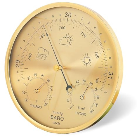 Barometer Thermometer Hygrometer 3-in-1 Wall Hanging,Ø17,5cm Aluminium Alloy Frame Weather Barometer with Glass Surface,Accurate Weather Station for Home Indoor Office Wall Decor (Yellow)