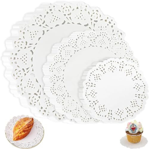 Centrini di Carta Rotondo,Centrini Carta Pizzo,150 Fogli Carta Pizzo Bianco Rotondo Centrini di Carta per Torte,4.5 Pollici,6.5 Pollici, 8.5 Pollici,per Dessert,Matrimonio,Decorazione per Tavola