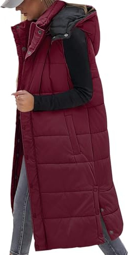 Vancavoo Chaleco Largo Mujer Invierno Chaleco Acolchado con Capucha Abrigo sin Mangas y Cremallera Abrigo de Cálidos on Bolsillos(Rojo vino,S)