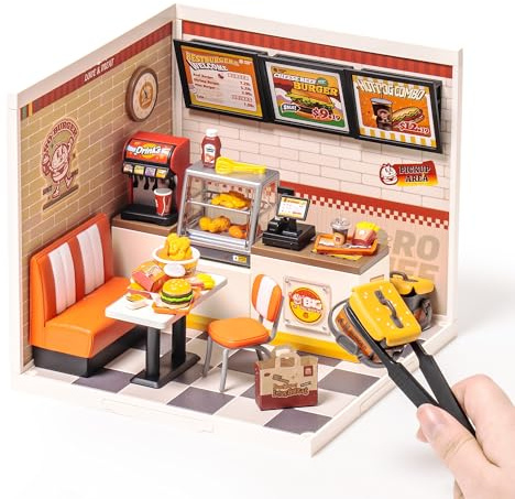 Rolife Gör-det-själv miniatyr huskits supervärld serie dockhus modellbyggsatser med tillbehör, hobbyer för kvinnor, jul, födelsedag, present för vuxna (Yum Yum Burger)