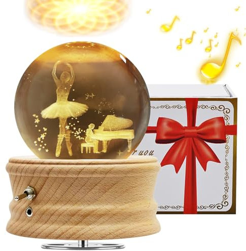 Boîte à Musique Boule de Cristal 3D, Boîte à Musique Rotative Éclairée à 360° avec Projection de Lumière et Support en Bois, Cadeau pour Enfants, Femme et Mère(Ballet)