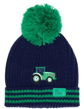 LightHouse Kids Bobbie Warm Bobble Cable Knit Hat - Childrens Winter Outdoor Headwear - Green Tractor - 2-4 Years