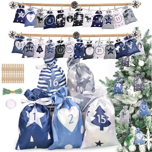 MHwan Adventskalender Zum Befüllen, 24 Stück Adventskalender Selber Befüllen aus Glattem und Glänzendem Satinstoff, Wunderschöner und Exquisiter Adventskalender Säckchen Groß (Blaugraue Farbe)