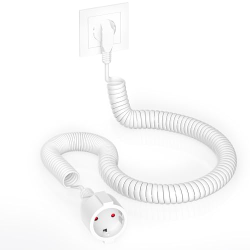AOUOO Schutzkontakt-Spiralverlängerung, 1,25 m auf 8m dehnbares Spiral-Kabel mit Schutzkontaktwickelstecker & Schutzkontaktkupplung, (230V/16A) PVC Verlängerungskabel, IP20, weiß